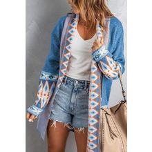 Blue Aztec Print Open Front Knitted Cardigan