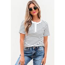 White Stripe Textured Short Sleeve Buttoned Henley Top