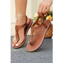 Chestnut Faux Leather Hollow Out Clip Toe Flat Sandals