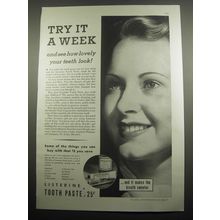 1933 Listerine Tooth Paste Ad - Try it a week and see how lovely your teeth look