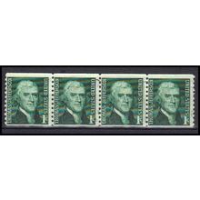 Used 1299 1c Thomas Jefferson Barely Clears Strip of 4 KA6235