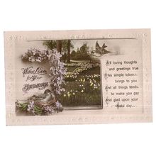 WITH LOVE FOR YOUR BIRTHDAY .. vintage postcard 1923 postmark flowers and birds