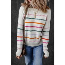 White Colorful Striped Ribbed Trim Sweater