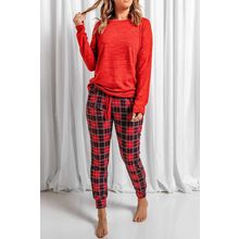 Solid Long Sleeve Top and Plaid Pants Loungewear