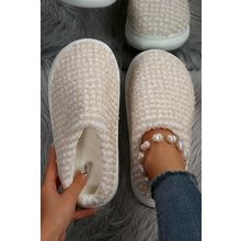 Pale Khaki Two-tone Knitted Warm Homewear Slippers