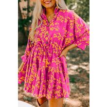 Pink Floral Print Drawstring Tunic Flowy Short Dress