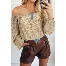 Beige Leopard Velvet Burnout Off Shoulder Long Sleeve Blouse