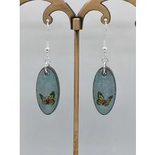 Whimsical Butterfly Resin Oval Earrings – Glittery Light Blue Elegance.