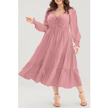 Pink Lace-up Ruched Front Long Sleeve Ruffle Hem Plus Size Midi Dress