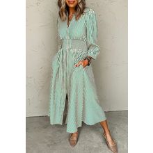 Green Stripe V Neck Zip Front Cinched High Waist Midi Dress