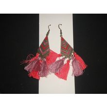 Peruvian salmon pink and purple tassel bronze style earrings