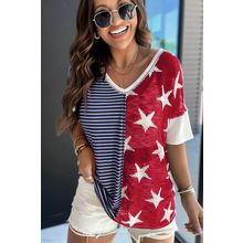 Blue Stripes Stars Print Knit Short Sleeves Top