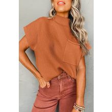 Gold Flame Patch Pocket Ribbed Knit Short Sleeve Sweater