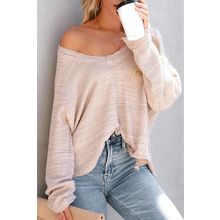 Pink Waffled Knit Long Sleeve V-Neck Frayed Top