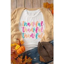 White Thankful Printed Crewneck Thanksgiving T Shirt