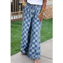 Dusk Blue Plus Size Checkered Seamed High Waist Wide Leg Jeans
