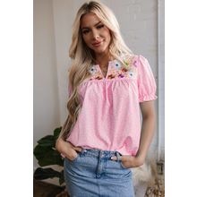 Pink Floral Embroidered Puff Sleeve Notched V Neck Blouse