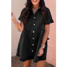Black Frilled Short Sleeve Button Up Loose Denim Shirt Dress