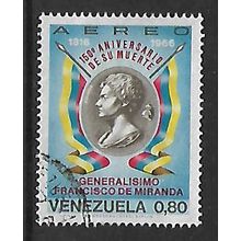 VENEZUELA 1968 AIR 80c BUST & GEN FRANCISCO DE MIRANDA & FLAGS SG2026 FINE USED2