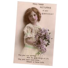 MANY HAPPY RETURNS OF YOUR BIRTHDAY .used vintage postcard girl/flowers unposted