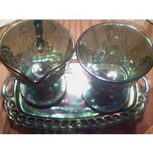 Carnival Glass blue creamer / sugar with tray