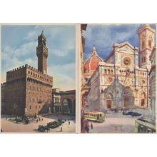 Firenze Italy Bus Coach Classic Cars Old Painting 2x Postcard