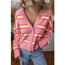 Pink Stripe Drop Shoulder Buttons Cardigan Sweater