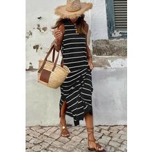 Black Stripe Print Open Back Sleeveless Maxi Dress with Slits