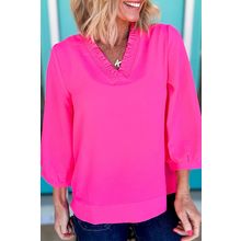 Bright Pink Frilled V Neckline Bracelet Sleeve Crinkled Blouse