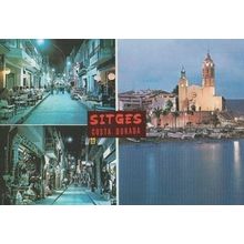 Sitges Costa Dorada Spain at Night Market Shops Restaurant Street Scene Postcard