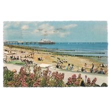 BEACH AND PIER, EASTBOURNE, SUSSEX used vintage postcard 1963 postmark =