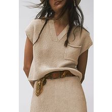 Apricot Chest Pocket V Neck Ribbed Cap Sleeve Sweater