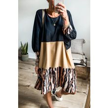 Khaki Printed Tiger Stripe Colorblock Bishop Sleeve Mini Dress