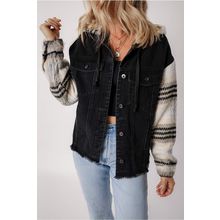 Black Plaid Sleeve Frayed Hem Hooded Denim Jacket