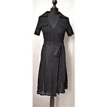 Black Wrap Cotton Broderie Anglaise Dress DVF style 10 UK