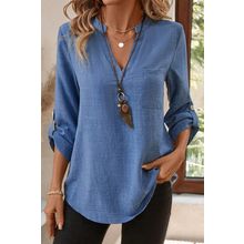 Ashleigh Blue Solid Color Notched V Neck Roll up 3/4 Sleeve Blouse