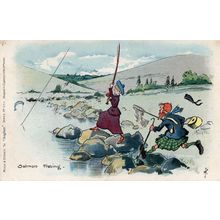 Salmon Fishing Lady Fisherman Comic Old Postcard With Fault