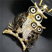 Hot Fashion Women Black Enamel Cute Two Owls Crystal Pendant Chain Necklace