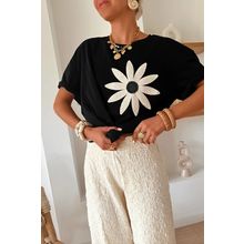 Black Contrast Crochet Floral Graphic Drop Shoulder Loose Tee