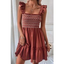 Red Sandalwood Geometric Stitch Shirred Bodice Ruffled Trim Sleeveless Mini Dres
