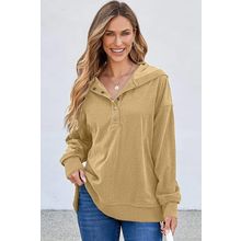 Simply Taupe Solid Ribbed Knit Buttoned Drop Shoulder Oversized Hoodie