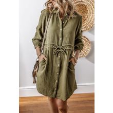 Jungle Green Textured Bracelet Sleeve Collared Button Up Dual Tied Mini Dress
