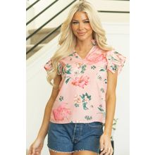 Pink Floral Print Frilled V Neck Pleated Sleeve Blouse