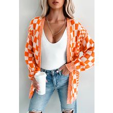 Orange Checkered Open Front Drop Shoulder Cardigan