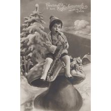 Pixie Child With Jazz Saxophone Antique German Postcard