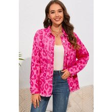 Pink Leopard Print Button Cuffs Raw Hem Jacket