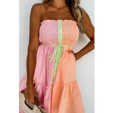 Pink Stripe Color Block Smocked Button Front Frilled Strapless Mini Dress