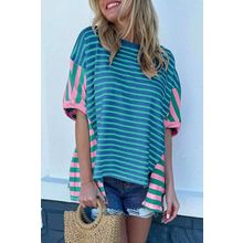 Blue Stripe Colorblock Patchwork Baggy T Shirt