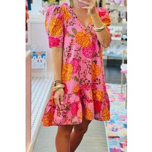 Pink Floral Bubble Sleeve V Neck Ruffled Mini Dress