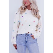 Beige Sequin Heart Shape Waffle Knit Round Neck Sweater
